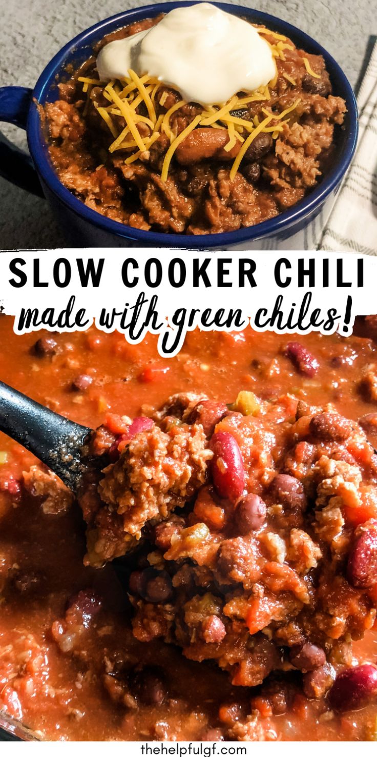 slow cooker chili made with green chiles in a blue bowl and topped with sour cream