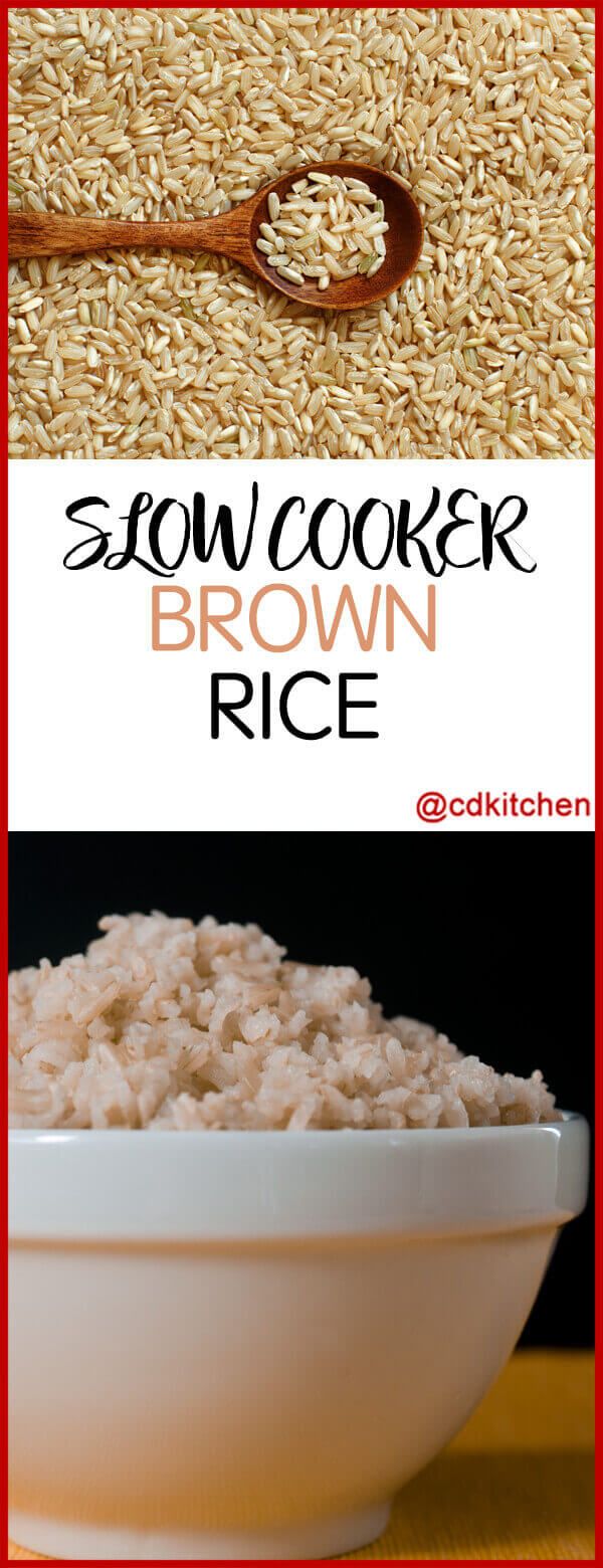 brown rice in a white bowl with a spoon on top and the words slow cooker brown rice