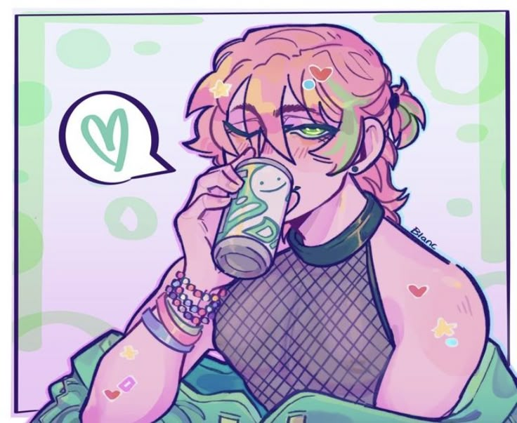 a drawing of a woman with pink hair and green eyes drinking from a bottle while talking on the phone