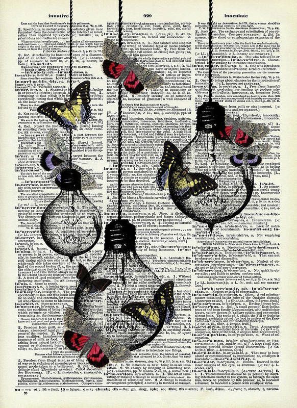 three light bulbs with butterflies hanging from them on an old book page spiralle notebook