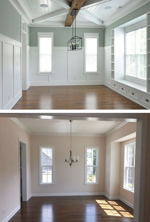 before and after pictures of a house with wood floors, windows, and ceiling fan