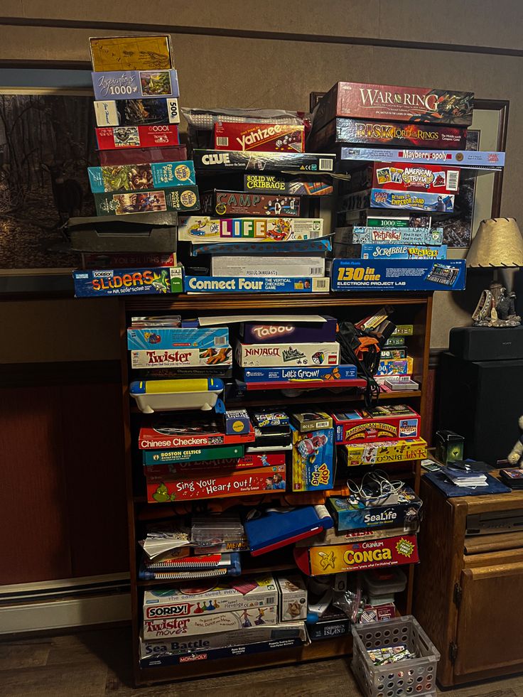 there are many games on the shelves in this room, and one is for sale