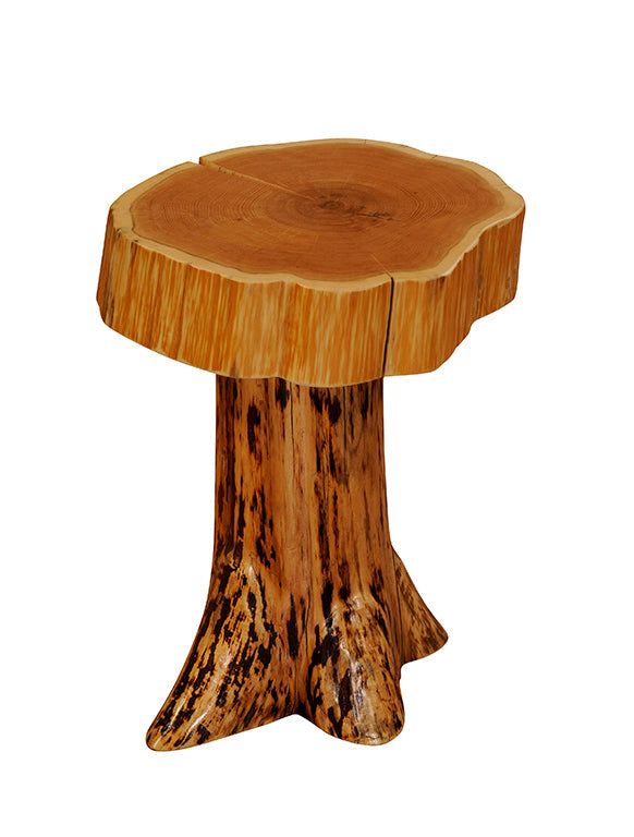 a small wooden table that is made out of tree stumps and has been turned into a stool