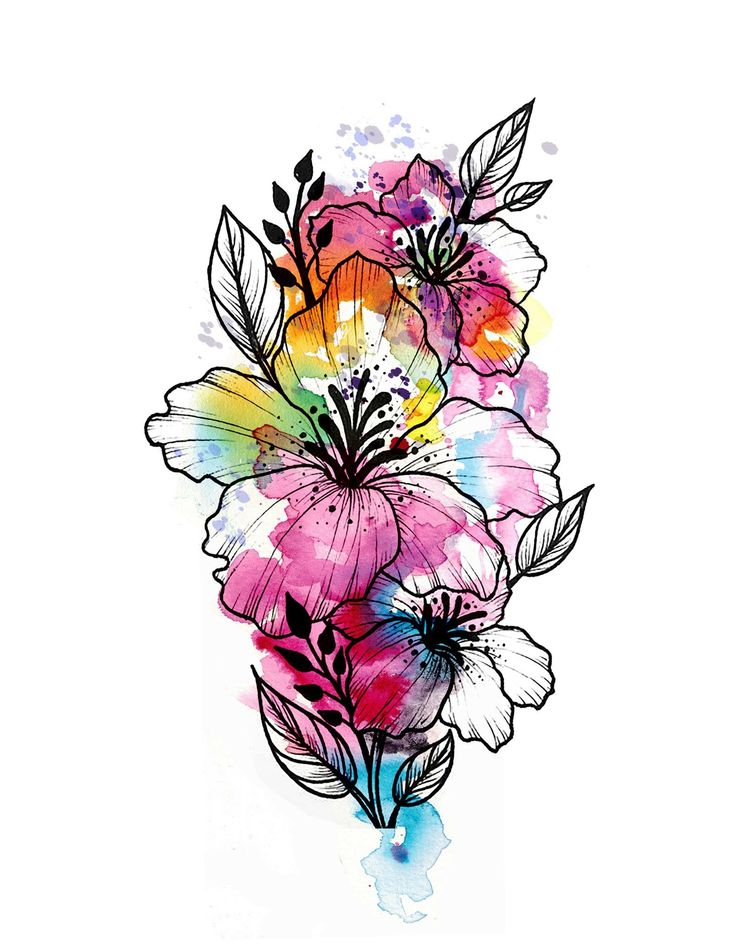 a drawing of flowers with watercolor splashs on it