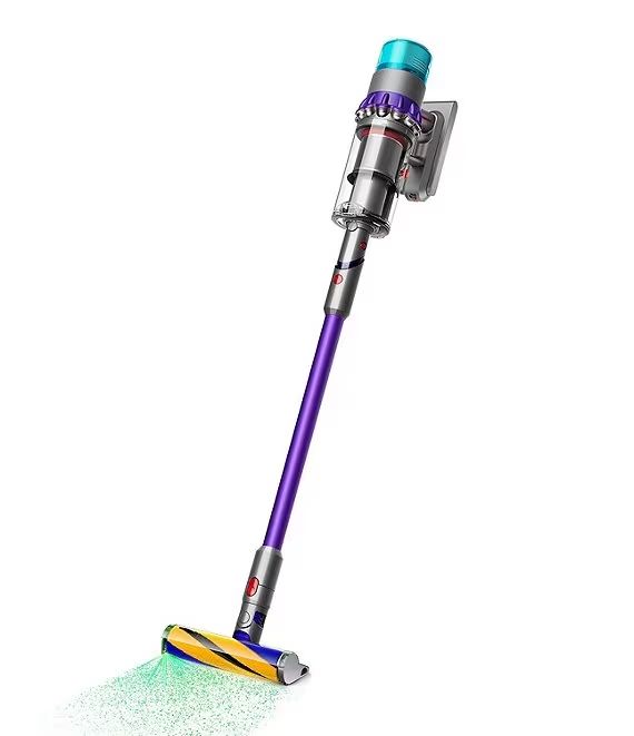 a blue and silver vacuum cleaner on a white background