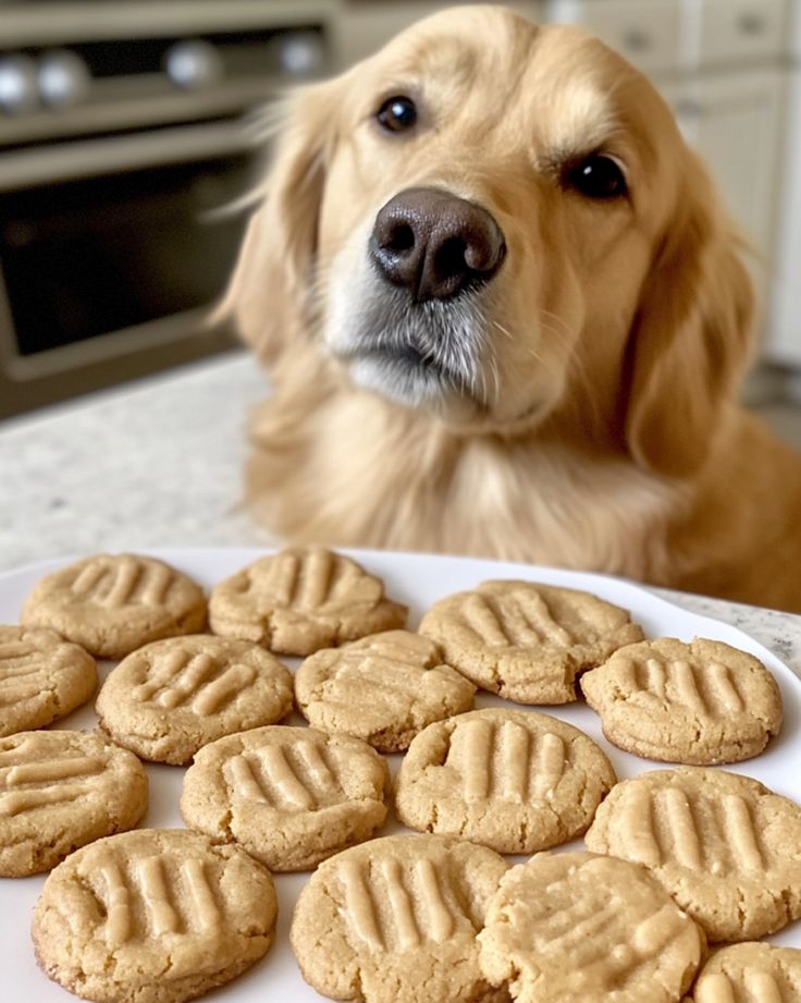 a dog sitting next to a plate of cookies