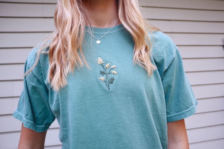 *Comfort Colors T-Shirt Brand *LIGHT GREEN COLOR *Embroidered Wildflower *Very soft thicker material *Adult Unisex MEDIUM  *HANDMADE W LOVE *(undershirt not included) Embroidery Crewneck, T Shirt Flowers, Light Green Color, Lava Bead, Flower Shirt, Vintage Embroidery, Comfort Color, Embroidered Tshirt, T Shirt Brand