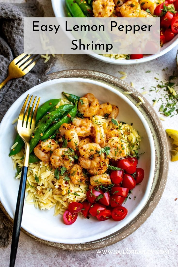 two bowls filled with shrimp, rice and veggies on top of a table