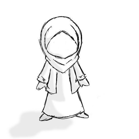 a black and white drawing of a person wearing a hijab, standing in front of a white background