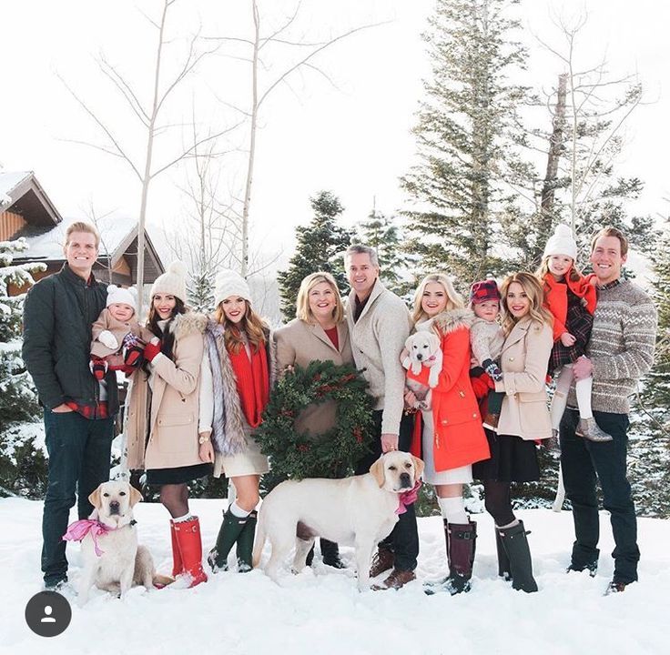 a group of people standing next to each other in the snow with two dogs and one cat