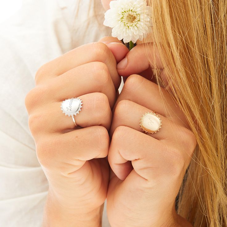 A modern classic, our Personalized Beaded Signet Ring is framed by decorative beads, and hand-engraved with your special words, names or dates to create a unique jewelry gift.18K Champagne Gold Plated or 925 Sterling SilverHand-engraved in our Paris workshopSent with love in a complimentary gift boxAny slight variations in lettering depth, spacing and alignment from the examples shown are part of the aesthetic and originality of the piece Wedding Initial Ring In White Sterling Silver, White Engraved Ring As Gift, White Engraved Promise Jewelry, White Engraved Jewelry For Promise, White Engraved Ring As Fine Jewelry Gift, White Engraved Ring Fine Jewelry For Gift, Adjustable White Initial Ring For Anniversary, Elegant White Personalized Engraved Ring, Adjustable Gemstone Signet Ring For Anniversary