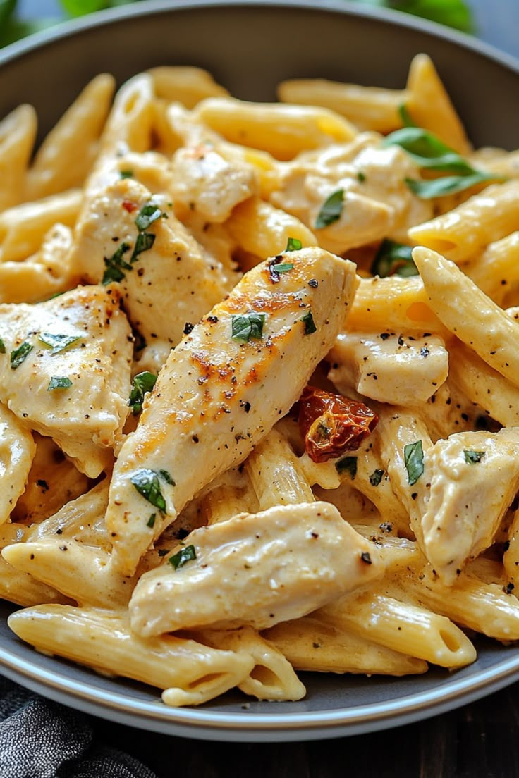 a bowl filled with pasta and chicken covered in cheese sauce on top of a wooden table