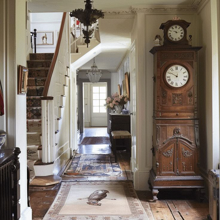 an old grandfather clock sitting in the middle of a hallway next to a staircase with a chandelier