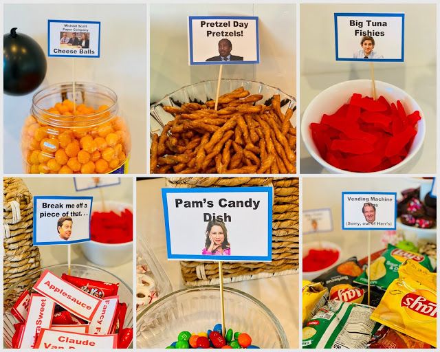 many different pictures of candy and candies on display with name tags for people to put in them