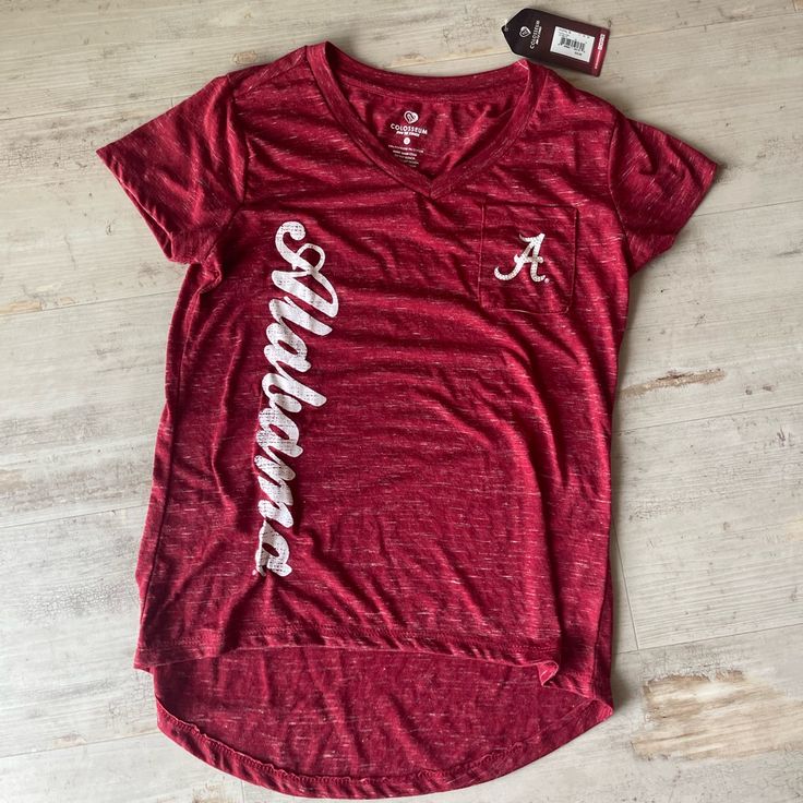 Brand New With Tags Alabama V-Neck T-Shirt Collegiate V-neck Top With Letter Print, Red Sporty V-neck T-shirt, Game Day V-neck Top With Letter Print, V-neck Game Day Top With Letter Print, V-neck Tops With Letter Print For Game Day, V-neck Letter Print Tops For Game Day, Red V-neck Sporty T-shirt, Casual V-neck T-shirt For College, Michigan Go Blue