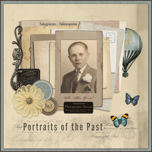 an old fashioned photo with butterflies, flowers and balloons in the background that says portraits of the past