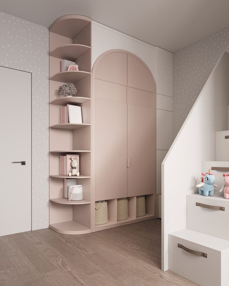 a baby's room with shelves and toys on the floor