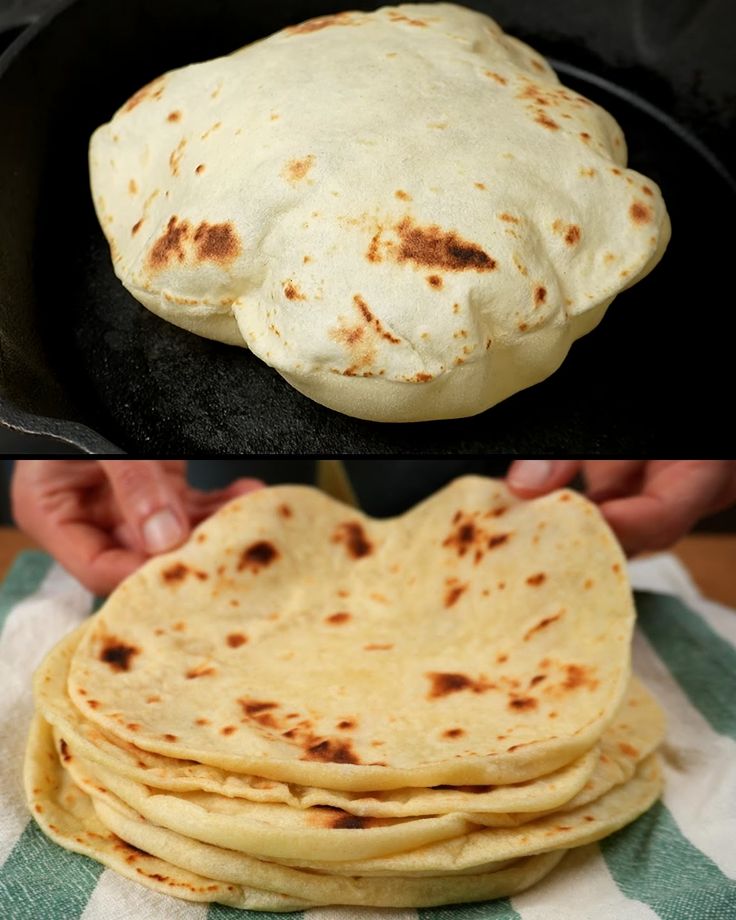 two pictures showing the process of making tortillas