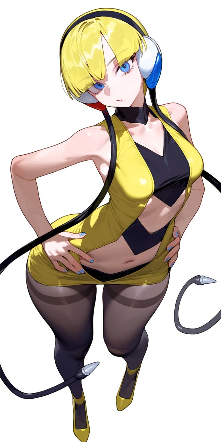 a woman in yellow and black outfit with headphones on her ears, holding a hose