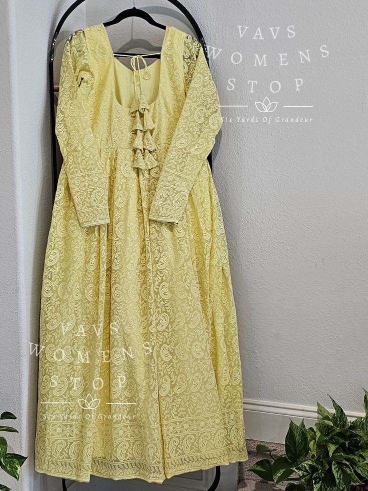 Introducing the Georgette Chikankari Customized Long Frock - the perfect addition to your wardrobe for any occasion! This stunning long gown features a beautiful lemon yellow color that is sure to make you stand out in a crowd. Made from high-quality georgette fabric, this frock is not only stylish but also comfortable to wear. What sets this frock apart is its customizable size - it comes in XL but can be altered to a Large size upon request. For those who need an XXL, the inside margins can be Spring Yellow Anarkali Set With Chikankari Embroidery, Yellow Anarkali Set With Resham Embroidery For Spring, Spring Yellow Anarkali Set With Resham Embroidery, Spring Yellow Anarkali Set For Wedding, Spring Wedding Yellow Anarkali Set, Elegant Yellow Dress With Chikankari Embroidery, Yellow Anarkali Dress With Chikankari Embroidery, Fitted Yellow Chikankari Embroidered Dress, Fitted Yellow Dress With Chikankari Embroidery