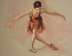 a painting of a woman in a red dress with her arms outstretched and feet spread out