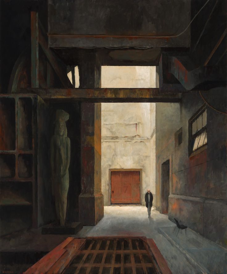 an oil painting of a person walking into a building with a bird on the floor