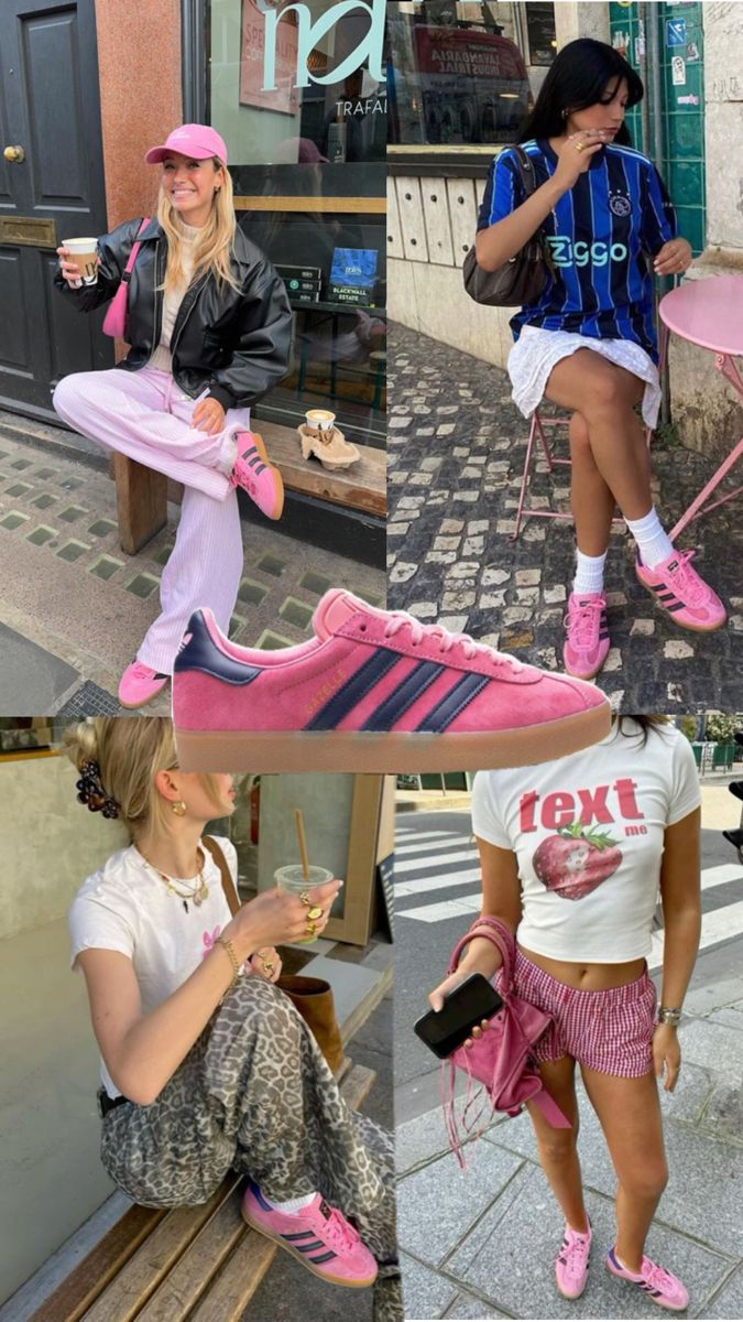 pink navy adidas shoes, adidas gazelle, pink adidas, adidas sneaker, collage, adidas shoes outfit, pink shoes outfit, aesthetic, outfit inspo Outfits With Pink Gazelle, Gazelle Platform Outfit, Pink Spezials Outfit, Colorful Adidas Outfit, Pink And Green Adidas Gazelle Outfit, Pink Campus 00s Outfit, Pink Gazelles Outfit, Gazelle Adidas Women Outfit, Pink Sambas Outfit