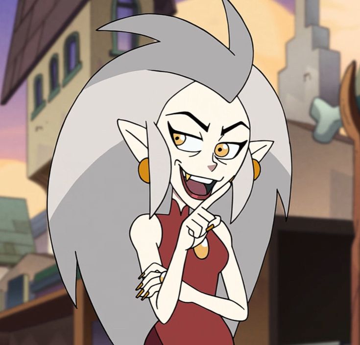 an animated image of a woman in a red dress with grey hair and yellow eyes