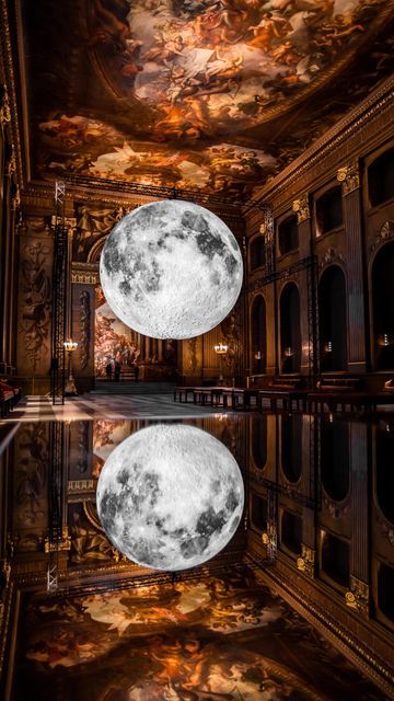 the full moon is reflected in a mirror on the floor, with an ornate ceiling