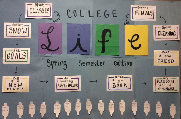 a bulletin board with different types of college life written on it and pinned to the wall