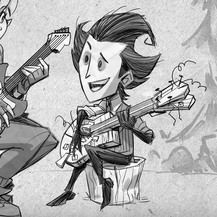 two cartoon characters are playing guitars and one is holding an electric guitar in his hand