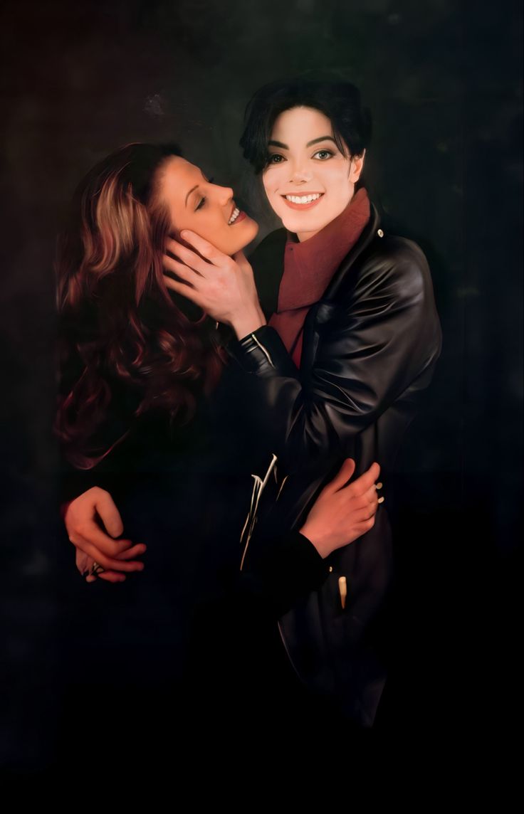 a painting of two people hugging each other with their arms around one another while the woman is wearing a black leather jacket