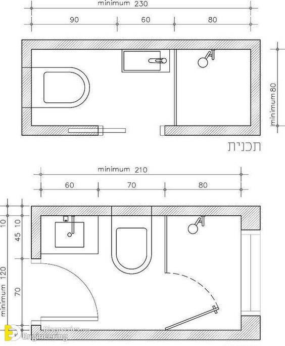 two drawings of a bathroom with toilet, sink and shower in the same drawing style