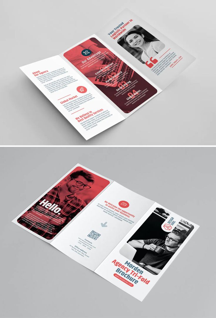 two fold brochure with red and white designs on the front, side and back