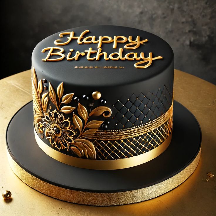 a black and gold birthday cake on a table