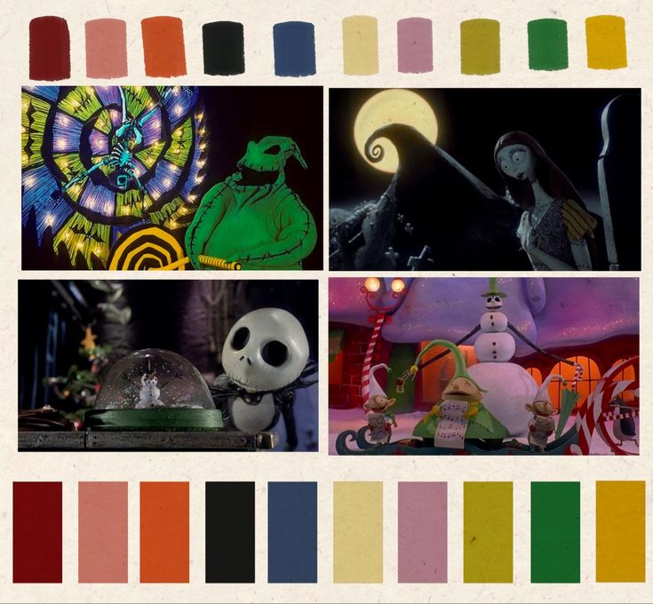 Contrasting seasonal color palette from Tim Burton’s film The Nightmare Before Christmas nightmarebeforechristmas jackandsally cinematography colorpalettes timburton Tim Burton Color Scheme, Nightmare Before Christmas Pallet, Tim Burton Colour Palette, Nightmare Color Palette, Tim Burton Moodboard, Tim Burton Color Palette, Movie Color Palette Colour Schemes, Nightmare Before Christmas Color Palette, Beetlejuice Color Palette