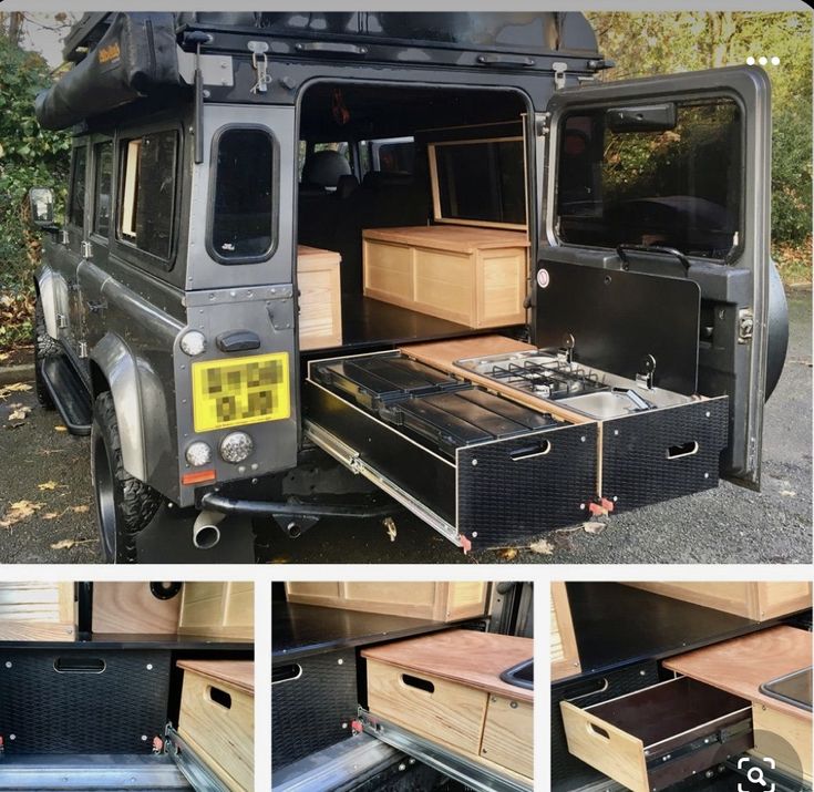 four different views of the inside of a vehicle with drawers and doors open, including an oven