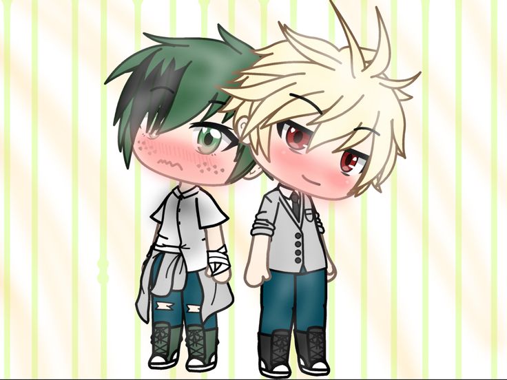 two anime characters standing next to each other on a green and white striped wallpaper