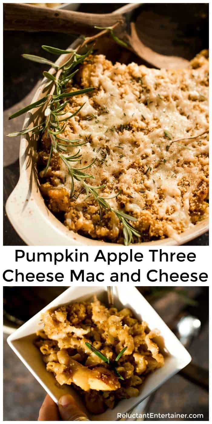 pumpkin apple three cheese mac and cheese casserole in a white dish with rosemary sprigs on top