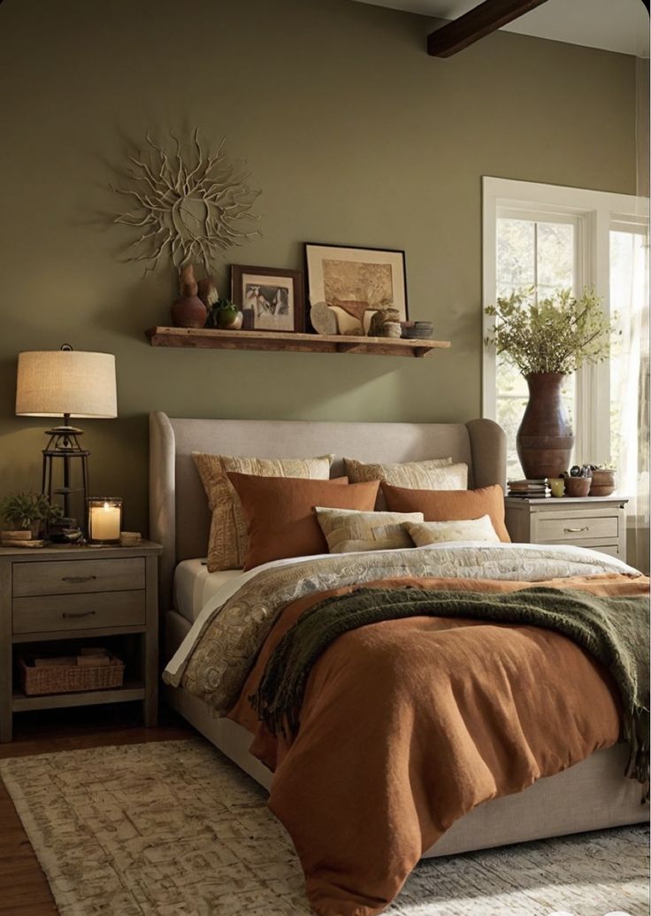 a bedroom with a bed, nightstands and pictures on the wall