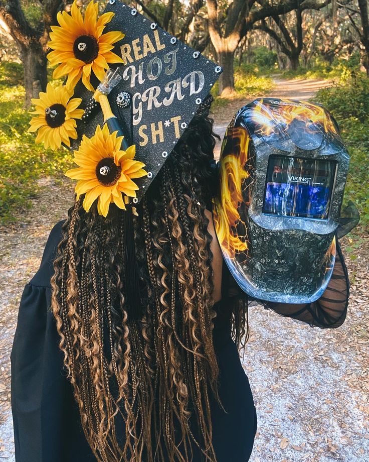 a woman with sunflowers on her head is holding a parking meter in front of her face