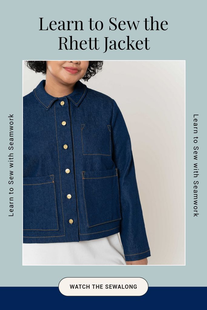 a woman wearing a denim jacket with the words learn to sew the rhett jacket