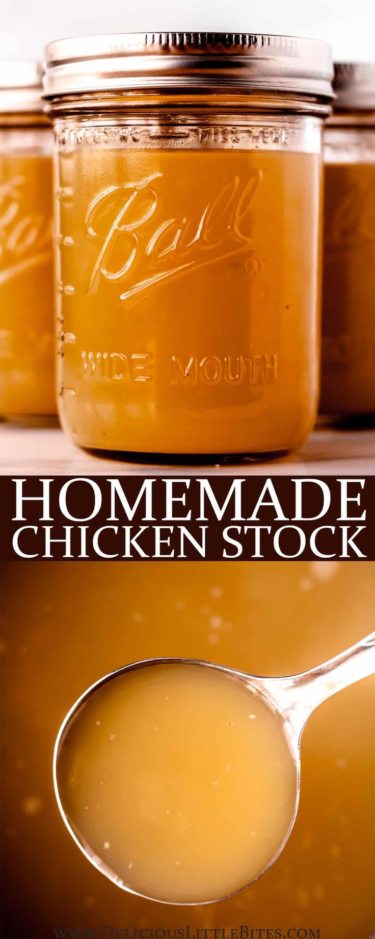 homemade chicken stock is in a jar with a spoon next to it and the recipe below