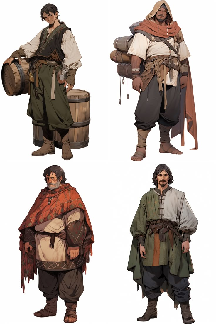 four different poses of an old man dressed in medieval clothing and holding a wooden barrel