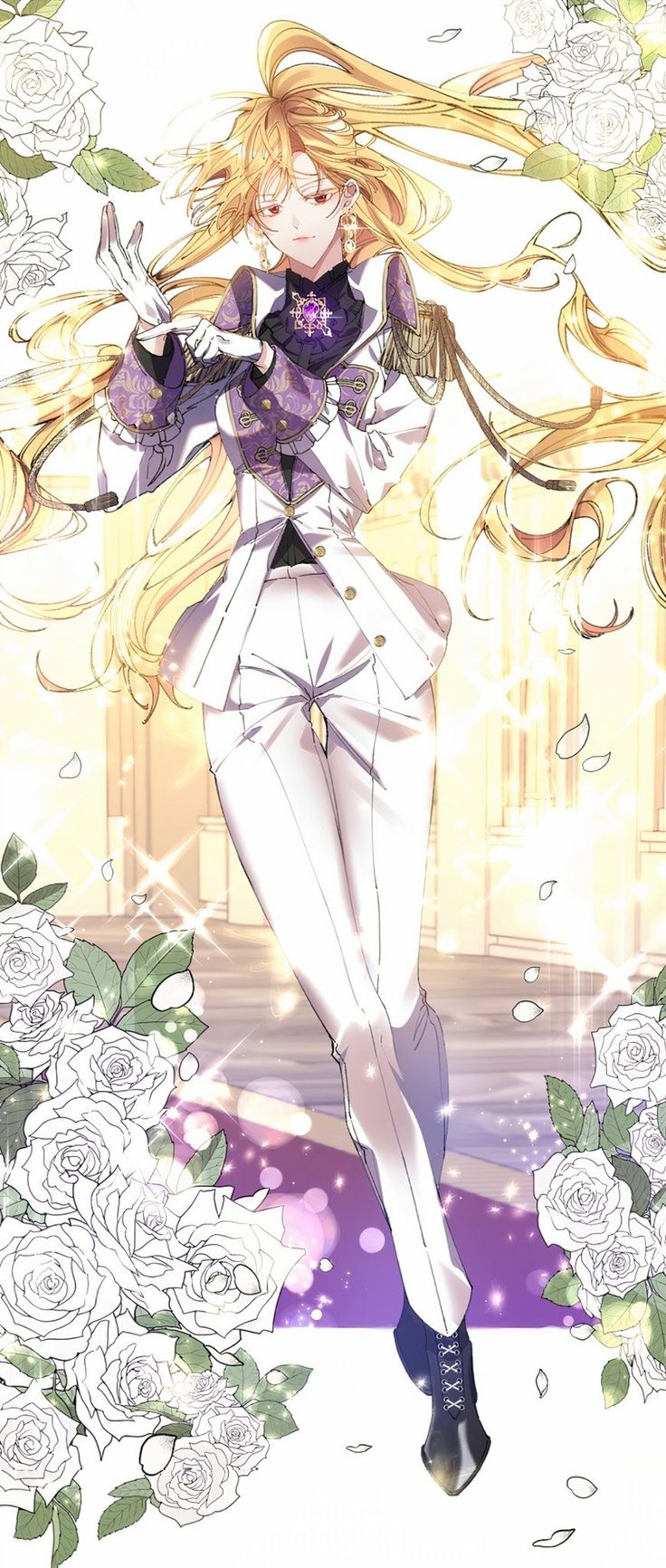 an anime character with long blonde hair and white clothes, standing in front of flowers