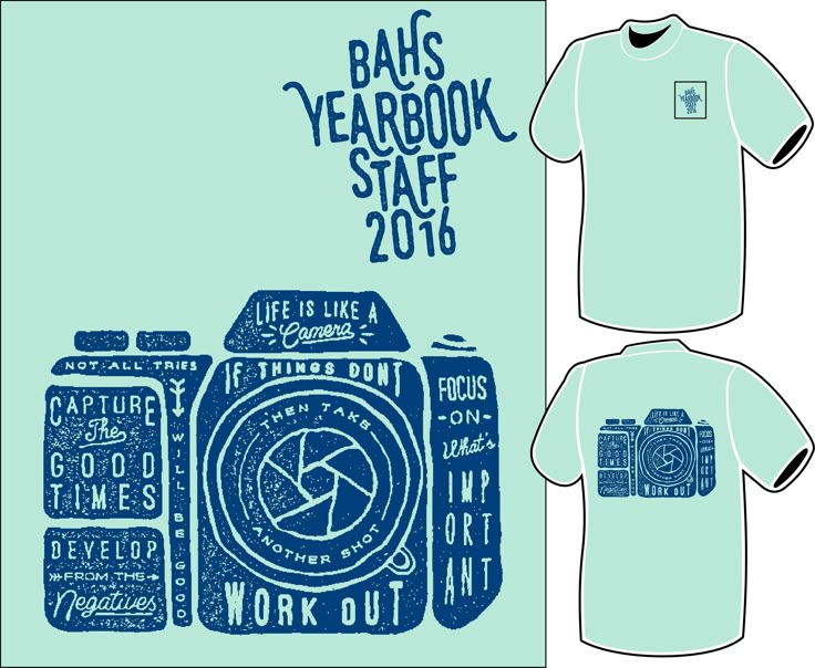 a t - shirt with an image of a camera and the words baus yearbook staff