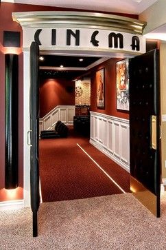 an open door leading to a room with red carpet and white trim on the walls