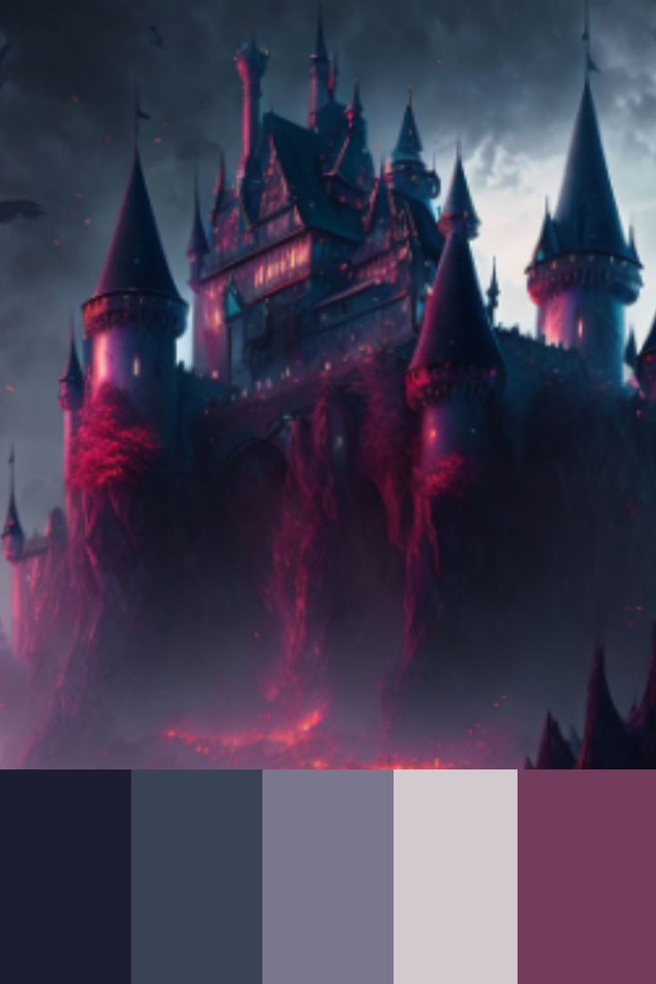 Paleta de cores gótica, Vampire Castle Wednesday Addams Color Palette, Gothic Color Pallete, Vampire Colour Palette, Horror Colour Palette, Villain Color Palette, Vampire Palette, Ghost Color Palette, Dark Fantasy Color Palette, Creepy Color Palette