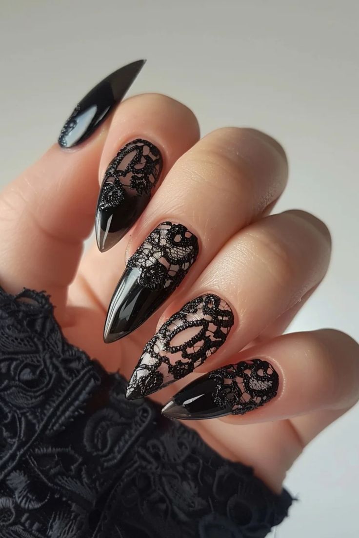 Discover a collection of 25 stunning black lace nail art designs to take your manicure to the next level! From intricate patterns to elegant styles, these designs are sure to make your nails stand out. Be ready to capture everyone's attention with this ultra-glam look that exudes sophistication and charm. Step up your nail game and make a bold statement with these exquisite black lace designs that will elevate your overall style effortlessly. Nail Art Noir, Lace Nail Design, Stiletto Shaped Nails, Lace Nail Art, Halloween Nails Easy, Lace Nails, Floral Nail Designs, Blush Nails, Black Nail Designs