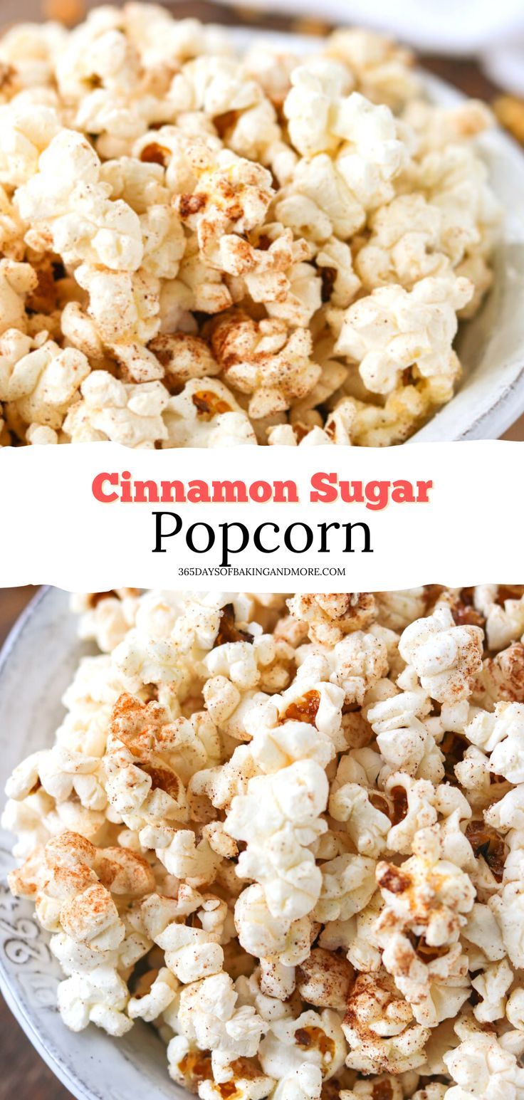 cinnamon sugar popcorn in a white bowl on a wooden table with the title above it